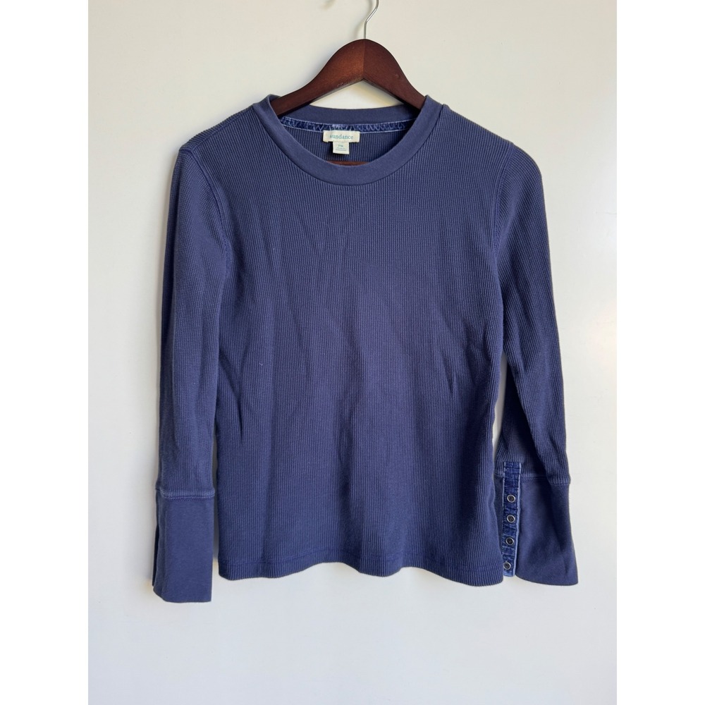 Sundance Navy Blue Waffle Knit Thermal Top Velvet Button Cuff Boho Petite medium